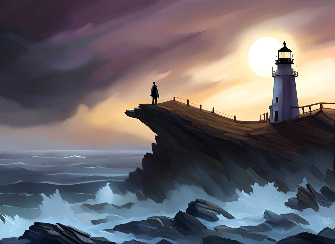 An image generated by SDXL. It's an atmospheric painting of a rocky point at the ocean, with a human figure standing atop the point. The figure appears to be looking back inland towards a lighthouse, perhaps 50-100 steps away. There are short fences (or handrails?) with fenceposts leading back to and around the lighthouse. The sky looks dark and stormy, with purples, browns, and yellows. The sun is bright behind the lighthouse, with the disc of the sun visible through the clouds, highlighting the lighthouse in a dramatic way. Small but dynamic waves are crashing on rocks below the point.