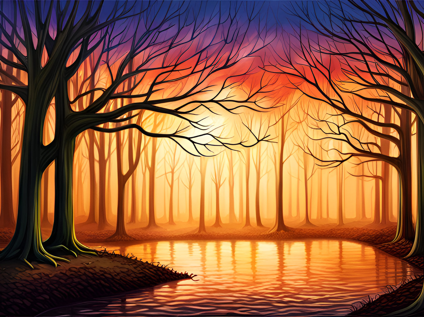 An image synthesized by SDXL. Sort of a drawing or painting, skillfully done, showing tall, thin trees with no leaves, around a pond. The trees are mostly in silhouette. There is brilliant sunset light shining in from the distance, bright yellow in the middle, fading to bright yellow-orange on the sides, and fading to deep orange, pink, and dark violet at the top. The bright yellow and orange light reflect off many ripples in the pond. Overall, it is beautiful, soothing, and serene, which contrasts with the deep, vibrant colors and silhouetted trees.